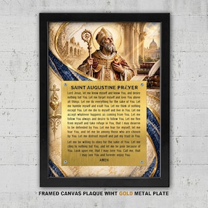 May include: A framed canvas wall art piece featuring an illustration of Saint Augustine in religious robes holding a staff. Centered is a gold-colored metal plate with the black printed text of the Saint Augustine Prayer, ending with the word AMEN.
