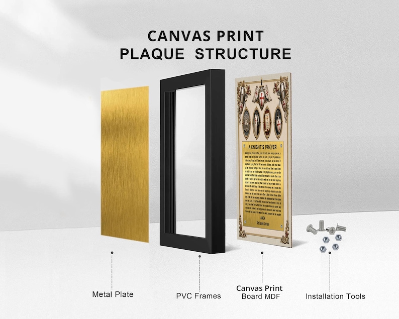 Peut inclure: Une vue &eacute;clat&eacute;e de la structure d'une plaque d'impression sur toile comprenant une plaque m&eacute;tallique dor&eacute;e, un cadre en PVC noir, un panneau de toile rectangulaire avec une pri&egrave;re de chevalier et des outils d'installation en m&eacute;tal.