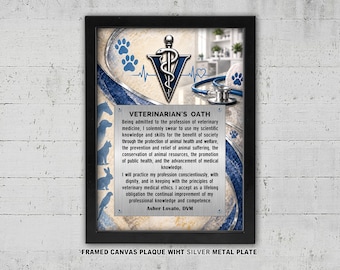 Tableau encadré sur toile avec serment de vétérinaire et plaque métallique gravée – Cadeau idéal pour un vétérinaire diplômé