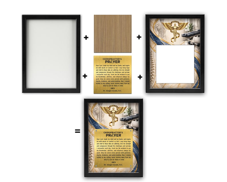 Peut inclure: Un cadre photo noir, un support en bois et une plaque m&eacute;tallique dor&eacute;e portant le texte "Chiropractor's Prayer" avec un symbole de caduc&eacute;e. La plaque est mont&eacute;e sur une impression d&eacute;corative aux accents bleus et dor&eacute;s, le tout encadr&eacute;.