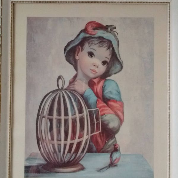 Vintage MAIO Big Eyed Mardi Gras BOY Framed Lithograph