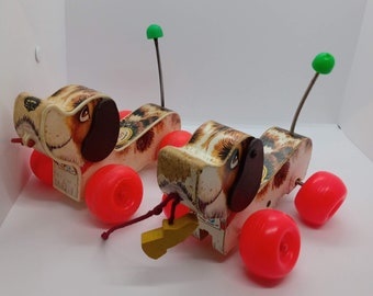 Vintage Fisher Price Toy, Little Snoopy 693, Wooden Toy, Plastic Wheels, Dog Pull Toy, Nursery Decor, 1960s Toy, Mid Century