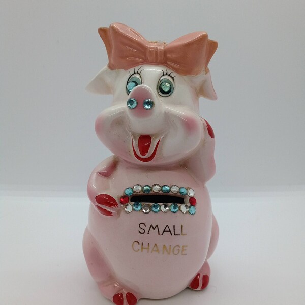 Vintage Kreiss Anthropomorphic Pink Pig Piggy Bank Ceramic Rhinestone eyes