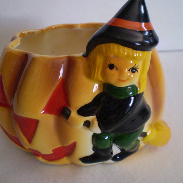 Vintage Halloween Witch pumpkin Planter Head Vase