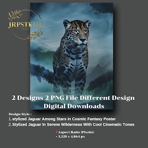 Stylized Jaguar Art - Stars in Cosmic Fantasy & Serene Wilderness - High-Quality PNG Digital Download