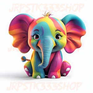 Digital Products: 3D Cartoon Elephants, Unique PNG Designs for Elephant Lovers, Instant Download, Gift Ideas, 4 Photos