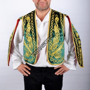 Green Velvet vest Embroidered Vest Waistcoat Waist costume sleeved