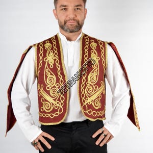 Burgundy vest Embroidered Vest Waistcoat Waist costume sleeved