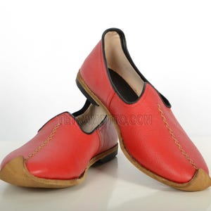 Red Yemeni Shoes Leather Handmade Handcrafted Traditional Turkish Slip Ons Loafers