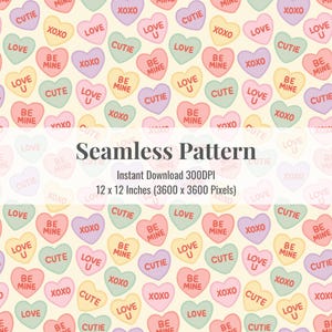 Puede incluir: Patrón sin costuras de corazones de caramelo de colores pastel con frases como "Love" y "Cutie". Los corazones están dispuestos sobre un fondo amarillo claro. La imagen también incluye el texto "Seamless Pattern" y las dimensiones 30,48 x 30,48 cm.