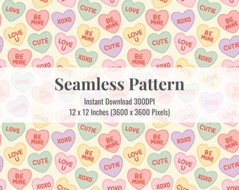 Conversation Hearts Seamless Pattern | Valentine Digital Paper | Pastel Love Heart Candy | Scrapbook Paper
