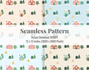 May include: A seamless pattern design with repeating illustrations of colourful houses, trees, and stars on light blue and beige backgrounds. The text "Seamless Pattern" is displayed in the centre. The pattern is 30.48 x 30.48 cm.