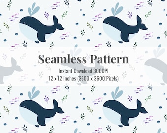 Whale Ocean Seamless Pattern | Cute Nautical Digital Paper | Under the Sea Marine Design | Instant Download