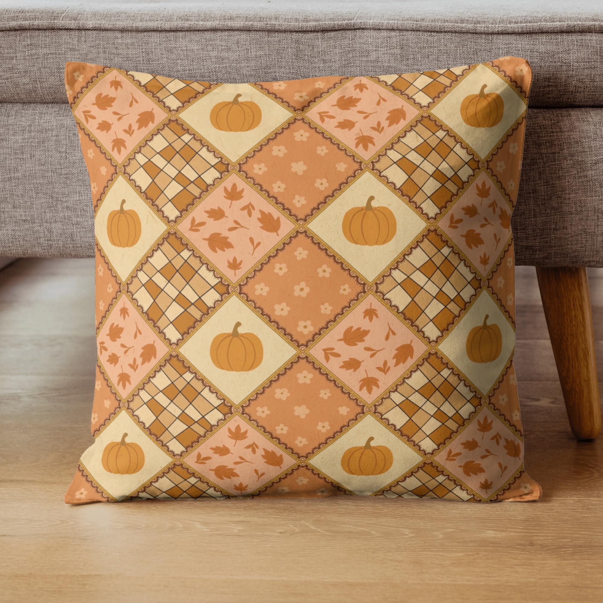 Cozy Autumn Patchwork Seamless Pattern – Pumpkin, Plaid & Leaves Fall ...