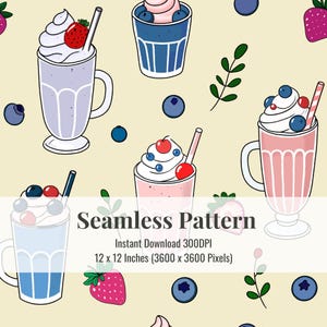 Puede incluir: Un patrón sin costuras que presenta varios sabores de batido con crema batida, fresas y arándanos. El fondo es de color amarillo claro.