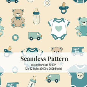 Pode incluir: Um padrão sem costura com ilustrações em azul bebê e bege de uma mamadeira, uma chupeta, um caminhão de brinquedo, um urso de pelúcia e um macacão para bebê. O texto "BABY BOY" é repetido em todo o padrão.