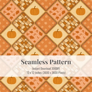 Op de afbeelding: Een naadloos patroon met een patchwork-ontwerp. Het bevat oranje pompoenen, herfstbladeren en bloemaccenten op een warme oranje achtergrond. De tekst in de afbeelding luidt "Seamless Pattern" en de afmetingen zijn 30,48 x 30,48 cm.