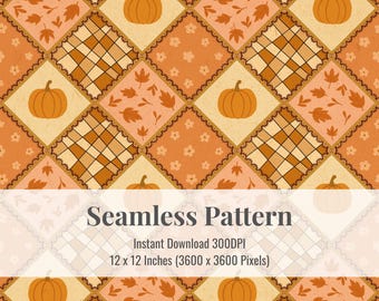 Cozy Autumn Patchwork Seamless Pattern – Pumpkin, Plaid & Leaves Fall Design (Digital Download)