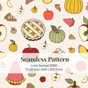 Puede incluir: Un patrón sin costuras que presenta una variedad de elementos otoñales, incluyendo manzanas rojas, calabazas verdes, calabazas amarillas y rebanadas de pastel. El patrón está sobre un fondo rosa claro.
