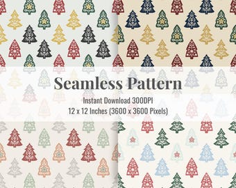Scandinavian Folk Pines Seamless Pattern | Nordic Christmas Trees Digital Paper | Holiday Scrapbook Background for Wrapping & Crafts | 12x12