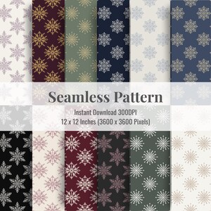 May include: A collection of seamless patterns featuring snowflake designs in various colors, including white, gold, burgundy, and navy. The patterns are displayed in a grid, with the text "Seamless Pattern" and dimensions of 12 x 12 inches.