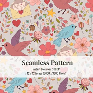 Conjunto de patrones sin costuras para el día de San Valentín / Pájaros y flores románticos / Descarga digital para proyectos de bricolaje, álbumes de recortes e imprimibles