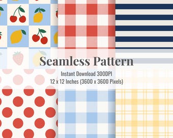 Summer Picnic Seamless Pattern Bundle | Cherry & Fruit Digital Paper | Cute Summer Background for Scrapbook, Party Decor, Packaging | 12x12