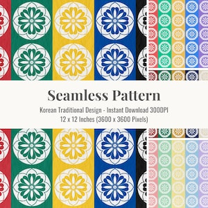 May include: A seamless pattern design featuring a repeating floral motif in white, yellow, and blue on a colorful background. The design includes the text "Seamless Pattern" and "Korean Traditional Design". The pattern is 12 x 12 inches.