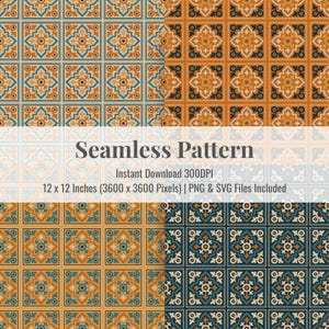 May include: A seamless pattern design featuring repeating square tiles with intricate floral and geometric motifs. The color palette includes shades of orange, teal, and cream. The text "Seamless Pattern" is displayed, along with size and file type information.