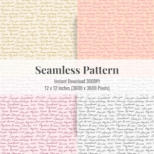 May include: Seamless pattern design with handwritten phrases like "I love you" and "Sweetheart" in a repeating layout. The design includes text in white, pink, and off-white. The image text says "Seamless Pattern".