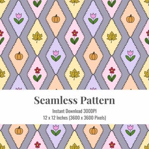 May include: A seamless pattern design with repeating diamond shapes containing pumpkins, flowers, and maple leaves. The pattern uses pastel pink, yellow, and lavender on a grey background. The design is 30.48 x 30.48 cm.