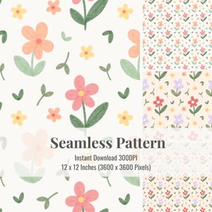 May include: A seamless pattern design featuring hand-drawn flowers in shades of pink, orange, and yellow, along with green leaves, on a cream background. The design is available as an instant download, measuring 12 x 12 inches (3600 x 3600 pixels).