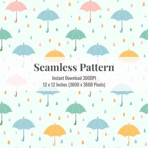 Pastel Umbrella Raindrop Seamless Pattern | Spring Rain Digital Paper | Baby Shower Background for Scrapbooking & Crafts | 12x12