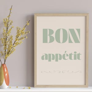 BON APPÉTIT、フランス語の引用ポスター、タイポグラフィーアートプリント、グリーンウォールアート、モダンなキッチン装飾、デジタルダウンロード