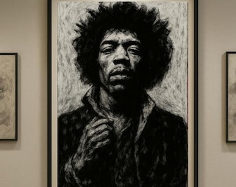 May include: Black and white portrait art print of a musician with a large afro, wearing a dark jacket, and holding the collar. The artwork is framed in a black frame and displayed on a light-colored wall. The art style is a charcoal drawing.