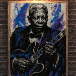 May include: A framed artwork featuring a portrait of a musician playing a guitar. The image is rendered in a charcoal style with blue and purple accents. The subject is wearing a suit and bow tie, with a guitar in hand.