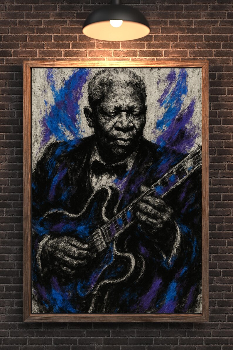 May include: A framed artwork featuring a portrait of a musician playing a guitar. The image is rendered in a charcoal style with blue and purple accents. The subject is wearing a suit and bow tie, with a guitar in hand.
