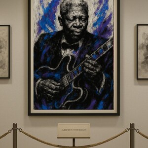 May include: A framed portrait of a musician playing a guitar, rendered in shades of black, blue, and purple. The artwork features a man in a suit, with a bow tie, holding a guitar. The text "ARTIUS STUDIOS" is visible on a sign below the artwork.