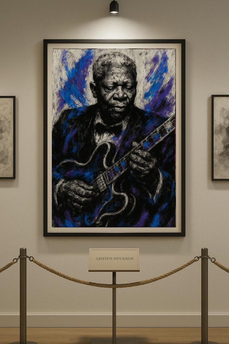 May include: A framed portrait of a musician playing a guitar, rendered in shades of black, blue, and purple. The artwork features a man in a suit, with a bow tie, holding a guitar. The text "ARTIUS STUDIOS" is visible on a sign below the artwork.