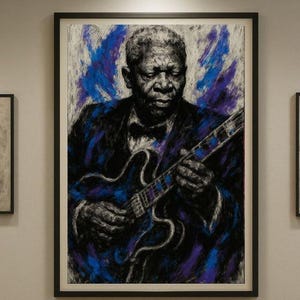 May include: A framed artwork featuring a portrait of a musician playing a guitar. The image uses a charcoal and pastel technique, with blue and purple accents. The subject is dressed in a dark suit and bow tie.