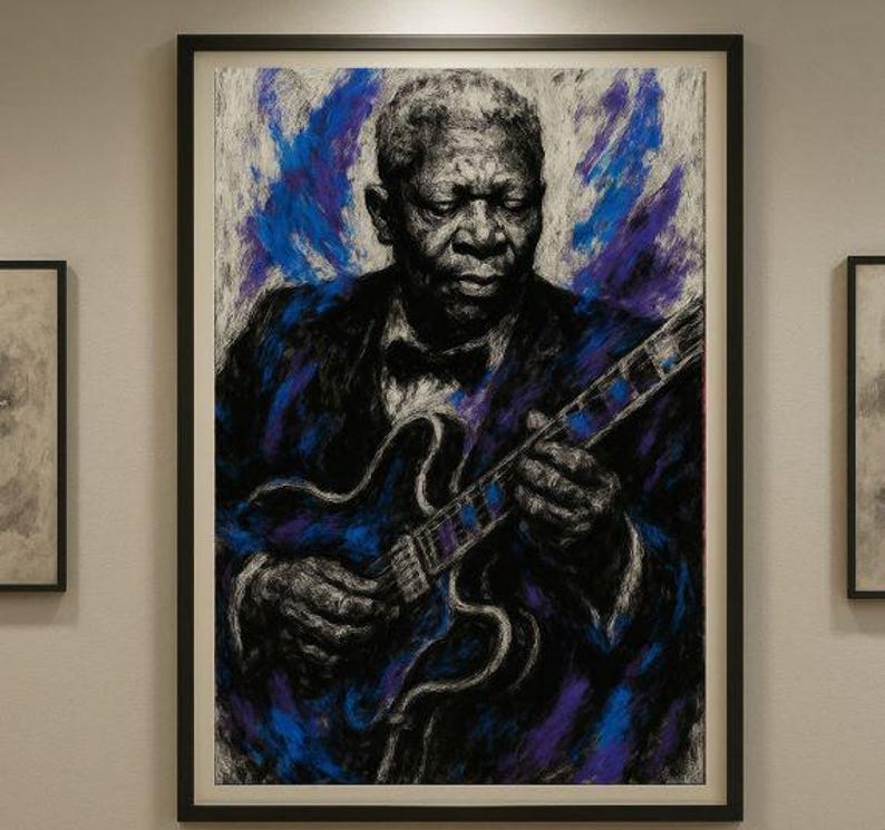 May include: A framed artwork featuring a portrait of a musician playing a guitar. The image uses a charcoal and pastel technique, with blue and purple accents. The subject is dressed in a dark suit and bow tie.