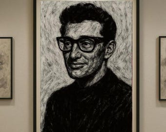 May include: Black and white portrait art print in a black frame. The artwork depicts a man with glasses, a dark shirt, and a textured, sketched style. The portrait is centered, with a neutral background.