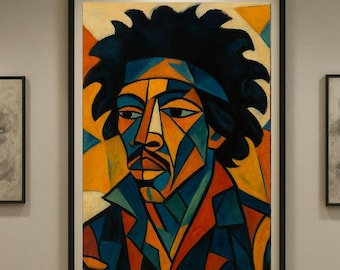 May include: Abstract portrait art print in a black frame. The artwork features a stylized depiction of a person with a dark afro, rendered in geometric shapes and vibrant colors including blue, orange, and yellow. The portrait is a striking piece of wall decor.