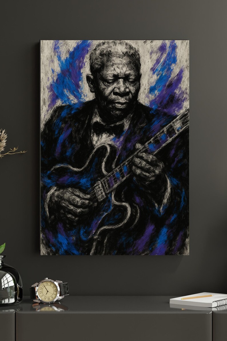 May include: A portrait of B.B. King playing a blue guitar. The artwork uses a charcoal style with blue and purple accents against a white and gray background. The subject is wearing a black suit and bow tie.