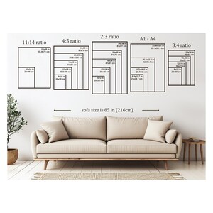 May include: A beige sofa with a wooden frame is positioned in front of a white wall. Above the sofa, various rectangular frames display different aspect ratios and sizes in inches and centimeters. The text "sofa size is 85 in (216cm)" is also visible.