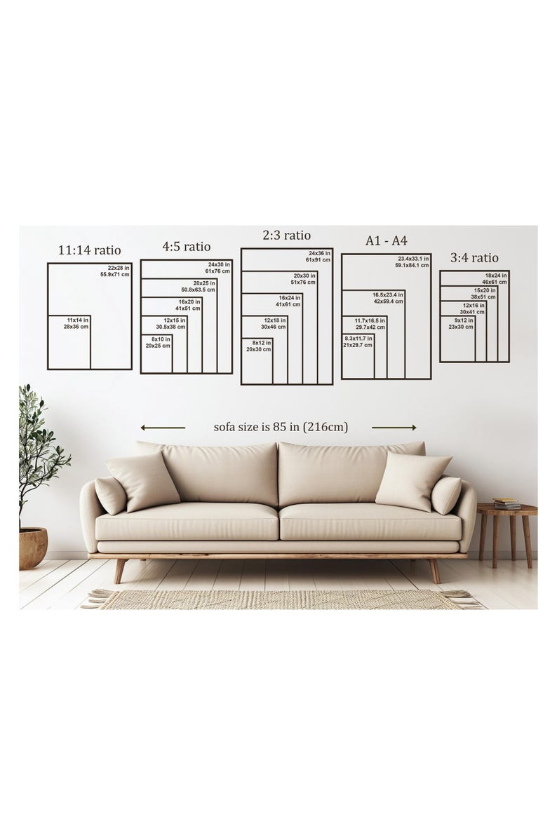 May include: A beige sofa with a wooden frame is positioned in front of a white wall. Above the sofa, various rectangular frames display different aspect ratios and sizes in inches and centimeters. The text "sofa size is 85 in (216cm)" is also visible.