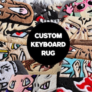 May include: A collection of custom keyboard rugs featuring various cartoon character faces. The rugs are made of a soft, textured material and come in a variety of colors, including brown, beige, red, and blue. The text "CUSTOM KEYBOARD RUG" is in a black circle.