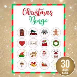 Weihnachts-Bingo, 30 druckbare Weihnachts-Bingokarten, Weihnachts-Familienspiele, Kinder-Weihnachtsparty-Spiel, lustige Weihnachts-Klassenzimmer-Aktivität, Feiertags-Bingo