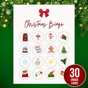 Weihnachts-Bingo, 30 druckbare Weihnachts-Bingokarten, Weihnachts-Familienspiele, Kinder-Weihnachtsparty-Spiel, lustige Weihnachts-Klassenzimmer-Aktivität, Feiertags-Bingo