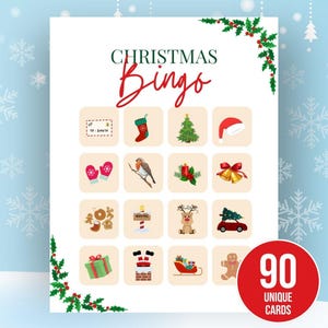 Weihnachts-Bingo, 90 druckbare Weihnachts-Bingo-Karten, Weihnachts-Familienspiele, Kinder-Weihnachtsparty-Spiel, lustige Weihnachts-Klassenzimmer-Aktivität, Feiertags-Bingo